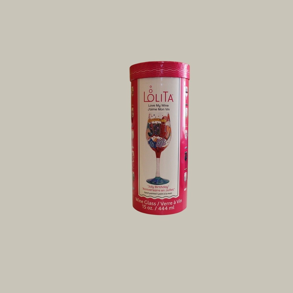 Lolita Love My Wine July Birthday Hand Painted Wine Glass 15 oz with Canister